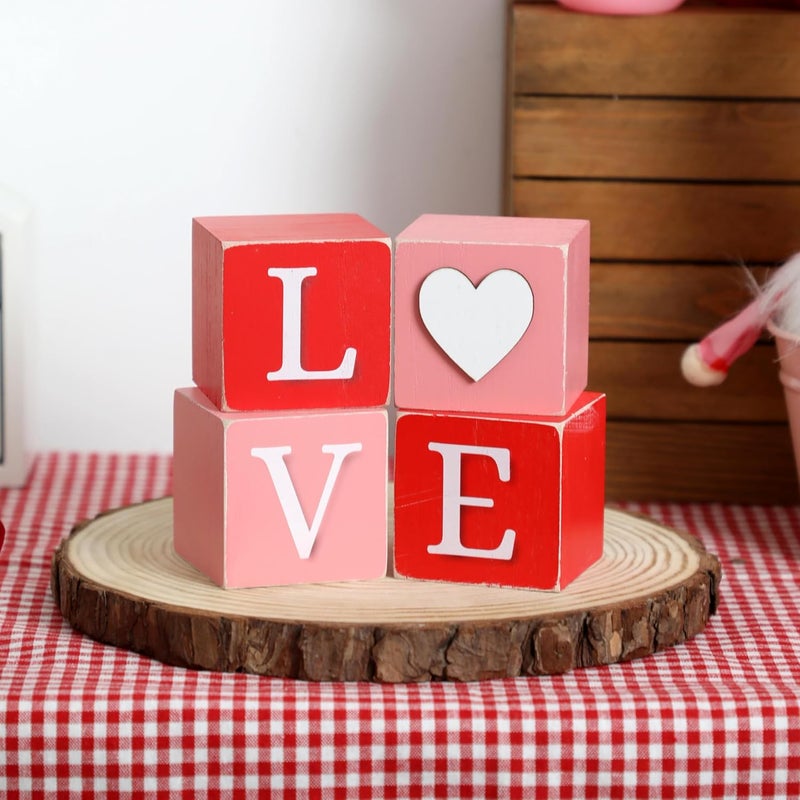 NEWLIGHTURE Valentine's Day Decor, 4pcs Love XOXO Wooden Blocks, Valentine‘s Day Wood Love Sign Table Centerpiece for Home Valentines Day Gifts - Image 1