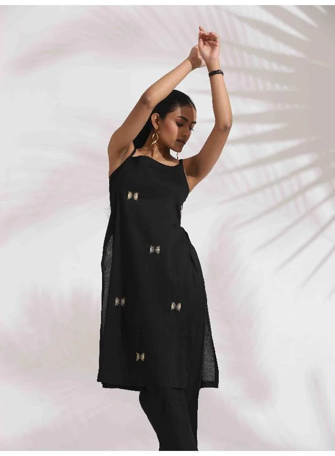 trueBrowns trueBrowns Black Cotton Embroidered Straight Kurta Set