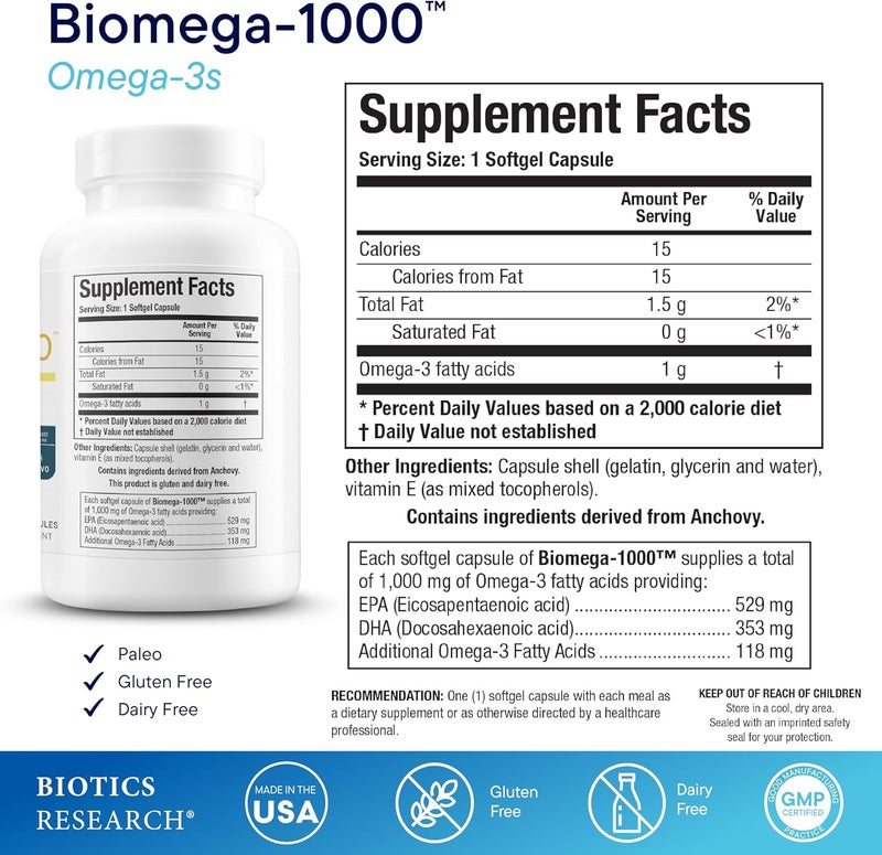Biotics Research Biomega1000 Omega 3 Fish Oil with EPADHA Omega3 Fatty Acids 1000 mg Highly Concentrated Fish Oil for Women  Men Supports Immune Brain  Heart Health90 Softgels - Image 2