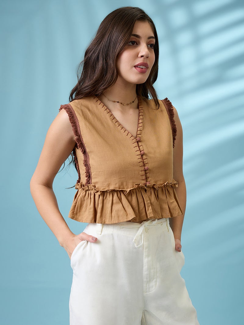 globus Globus Women Beige V-Neck Thread Work Detail & Lace Inserts Pleated Crop Top - Image 2