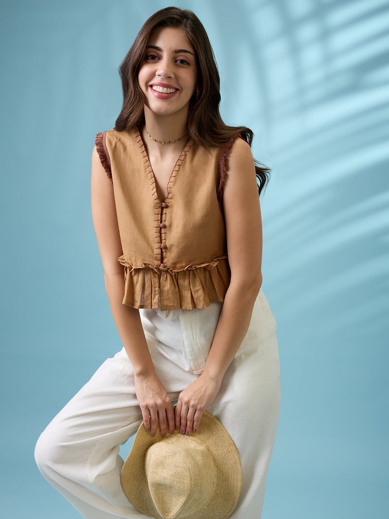 globus Globus Women Beige V-Neck Thread Work Detail & Lace Inserts Pleated Crop Top - Image 5