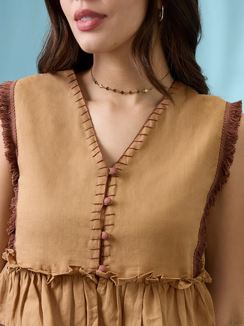 globus Beige Women Beige V-Neck Thread Work Detail & Lace Inserts Pleated Crop Top for Women | Best Price UAE