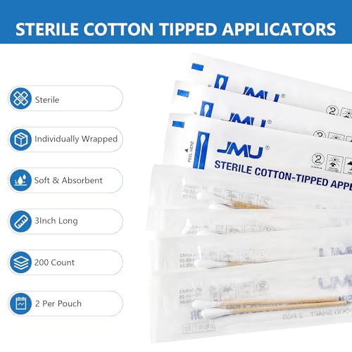 JMU Sterile Cotton Tipped Applicators 3", 200 Count Sterile Cotton Swabs, Wood Shaft Medical Swabs - Image 2