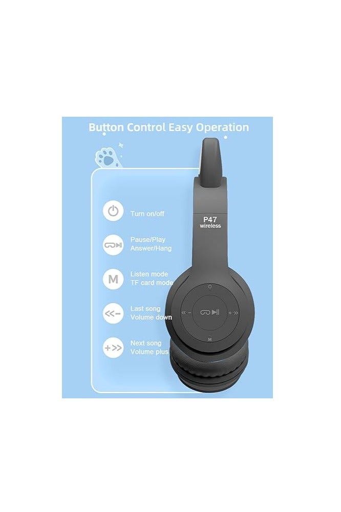 Kid's Wired Foldable Wireless Bluetooth Headphones with Cat Ear LED Light (Black) Headset - Image 3