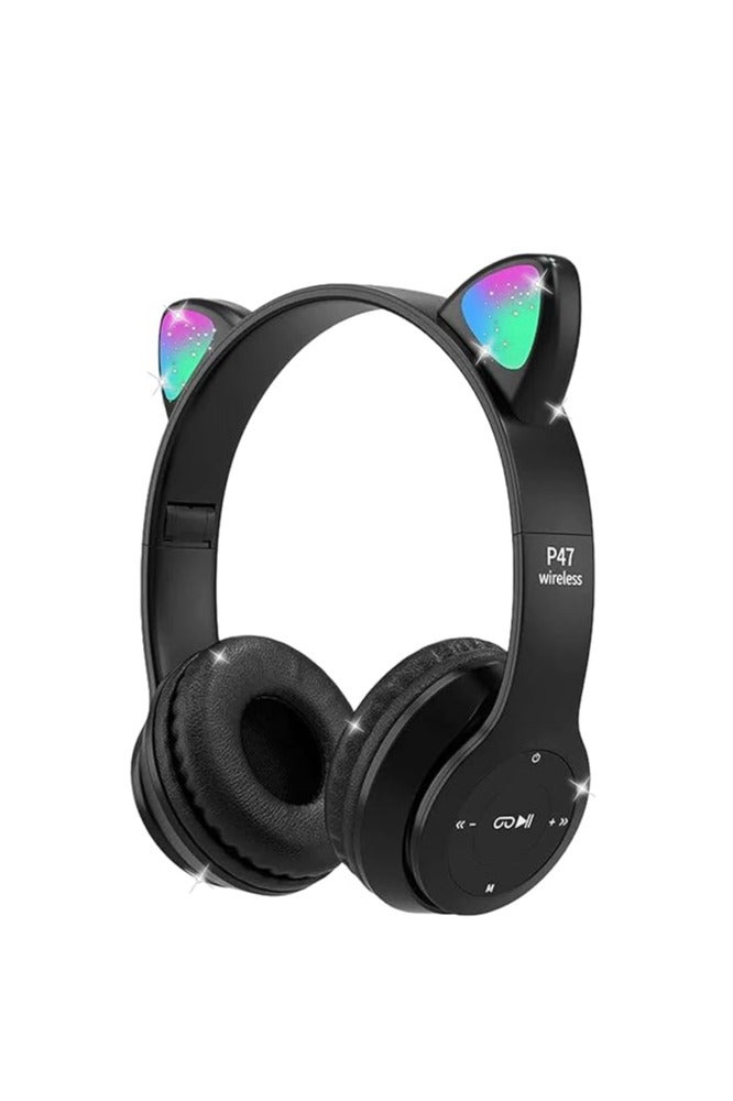 Kid's Wired Foldable Wireless Bluetooth Headphones with Cat Ear LED Light (Black) Headset - Image 1