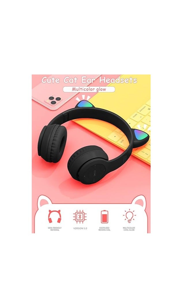 Kid's Wired Foldable Wireless Bluetooth Headphones with Cat Ear LED Light (Black) Headset - Image 4
