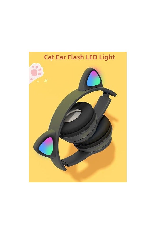 Kid's Wired Foldable Wireless Bluetooth Headphones with Cat Ear LED Light (Black) Headset - Image 5