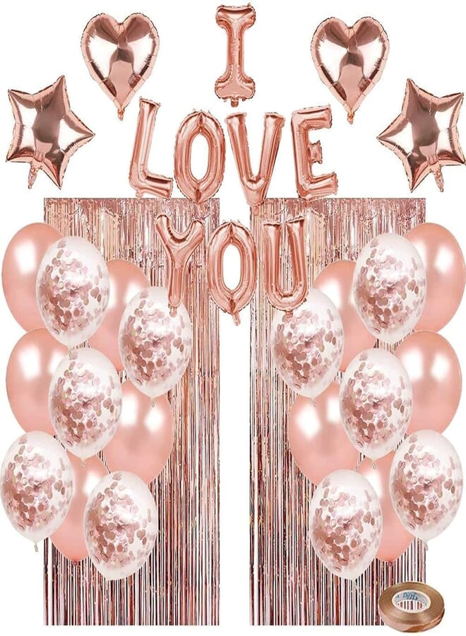 Secret Valentines Day Decorations Set, 35Pcs Rose Gold I LOVE YOU Star Heart Foil Balloons, Mylar Rose Gold Sequins Balloons for Wedding Bridal Shower Anniversary Birthday Valentines Day Party Decorations