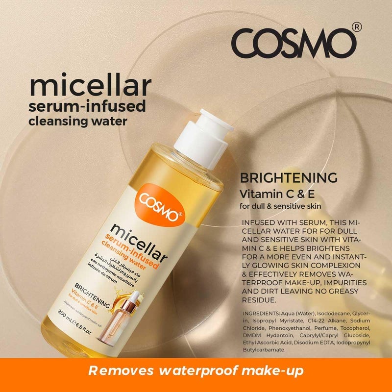 Cosmo Face Care Micellar Serum Infused Cleansing Water 200ml with Brightening Vitamin C & E - Image 2