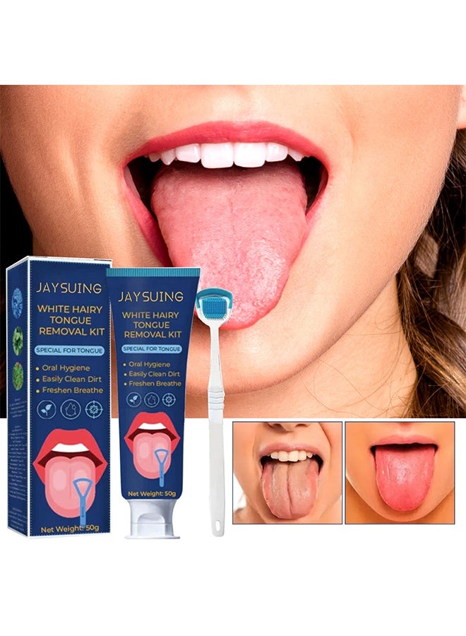 Jaysuing White Hairy Tongue Removal Kit, Tongue Cleaning Gel Set, Tongue Cleaner Gel With Tongue Brush, Tongue Scraper Scrubber For Adults With Cleaning Gel - Image 1