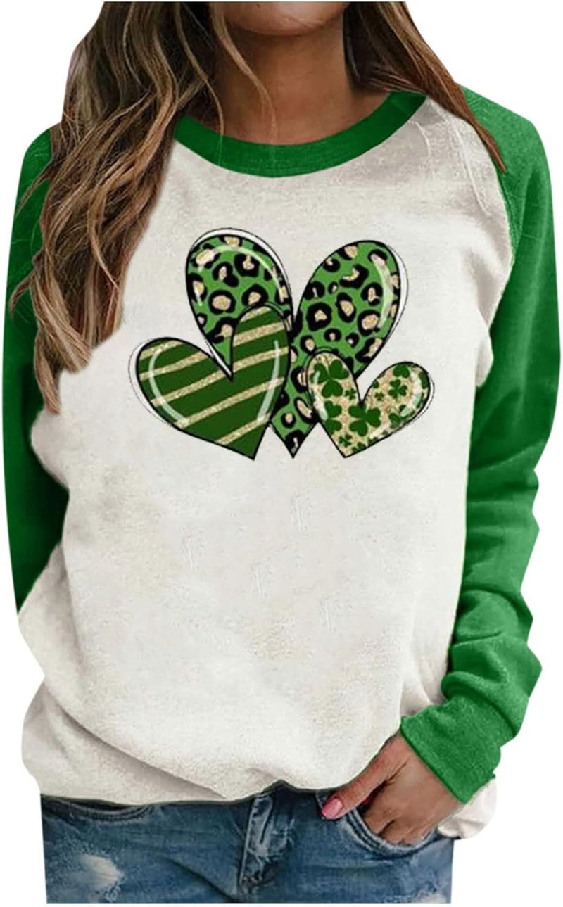 cheekyglo Women St. Patrick's Day T-Shirt Shamrock Splicing Tee Saint Patricks Day Blouse Crew Neck Long Sleeve Raglan T-Shirt - Image 1
