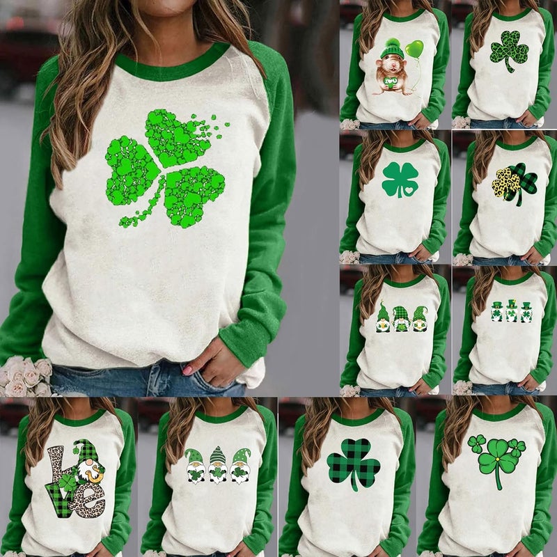 cheekyglo Women St. Patrick's Day T-Shirt Shamrock Splicing Tee Saint Patricks Day Blouse Crew Neck Long Sleeve Raglan T-Shirt - Image 2