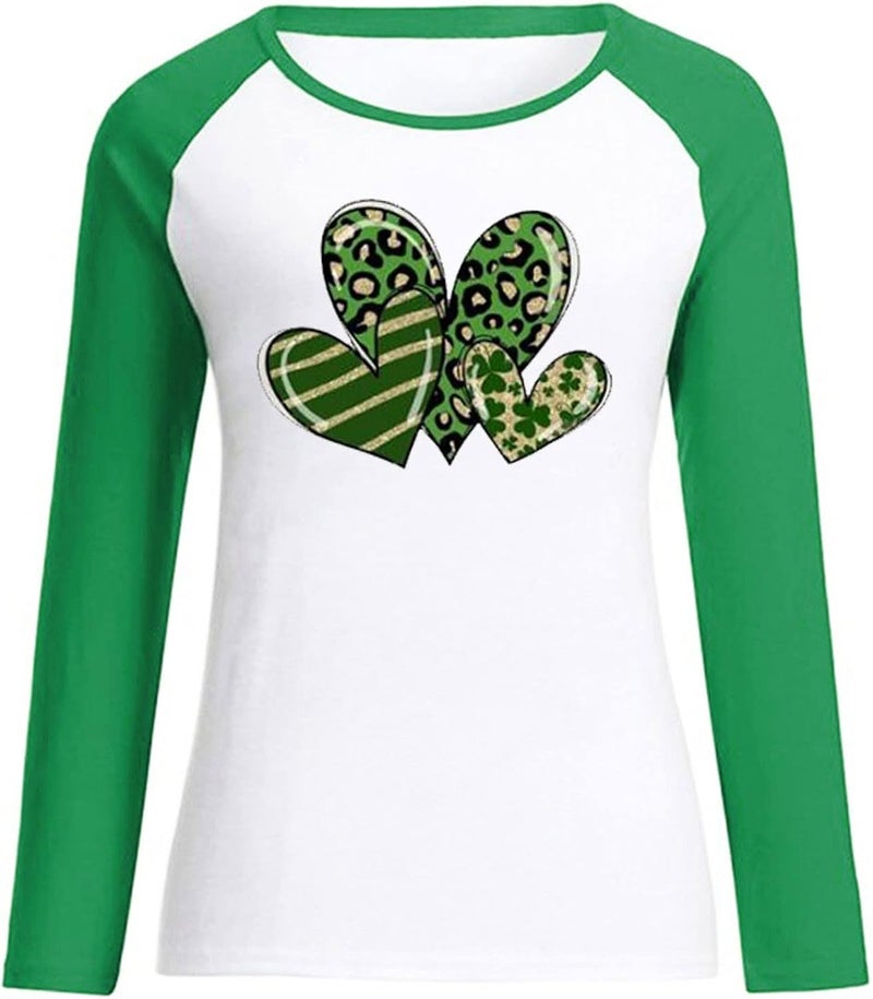 cheekyglo Women St. Patrick's Day T-Shirt Shamrock Splicing Tee Saint Patricks Day Blouse Crew Neck Long Sleeve Raglan T-Shirt - Image 4