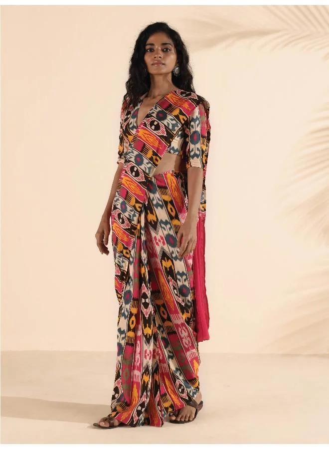 trueBrowns trueBrowns Cola Pink Muslin Ikat Saree