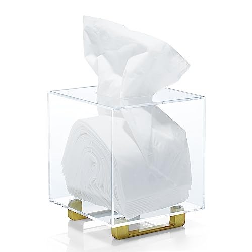 YoBa Thick Clear Acrylic Square Tissue Box Holder with Gold Plated Aluminum Legs for Bathroom, Kitchen, Bedroom, Office, Hotels and Restaurant - Image 1