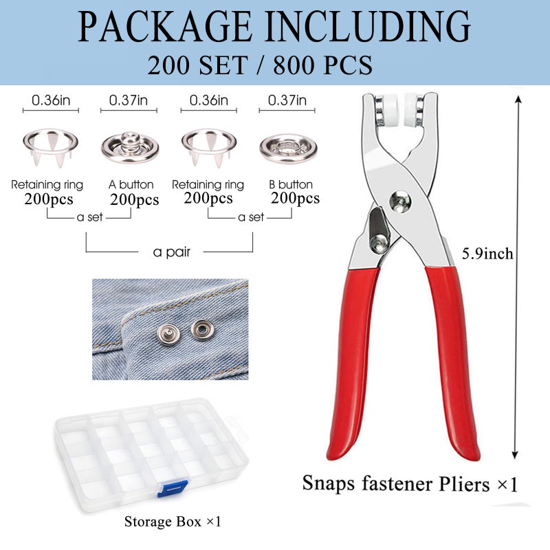 GTAAOY 800PCS Metal Snaps Buttons with Fastener Pliers Press Tool Kit Perfect for DIY Crafts Clothes Hats and Sewing, Snap Button Fasteners Kit for Clothing Sewing(200 Sets,9.5mm) - Image 2