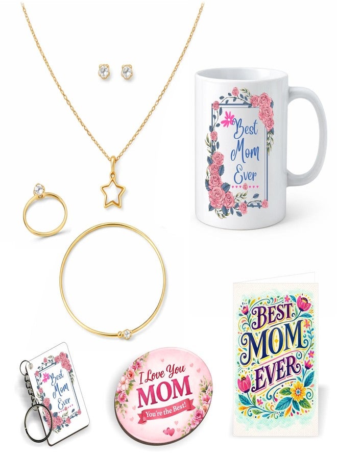 PICRAZEE Mother’s Day Gift for Mom | Birthday Gift for Mother Combo – Jewellery Set (Pendant Chain, Earrings, Bracelet, Ring), Ceramic Mug, Card, Fridge Magnet & Keyring | Best Mom Gift Hamper (D1) - Image 1