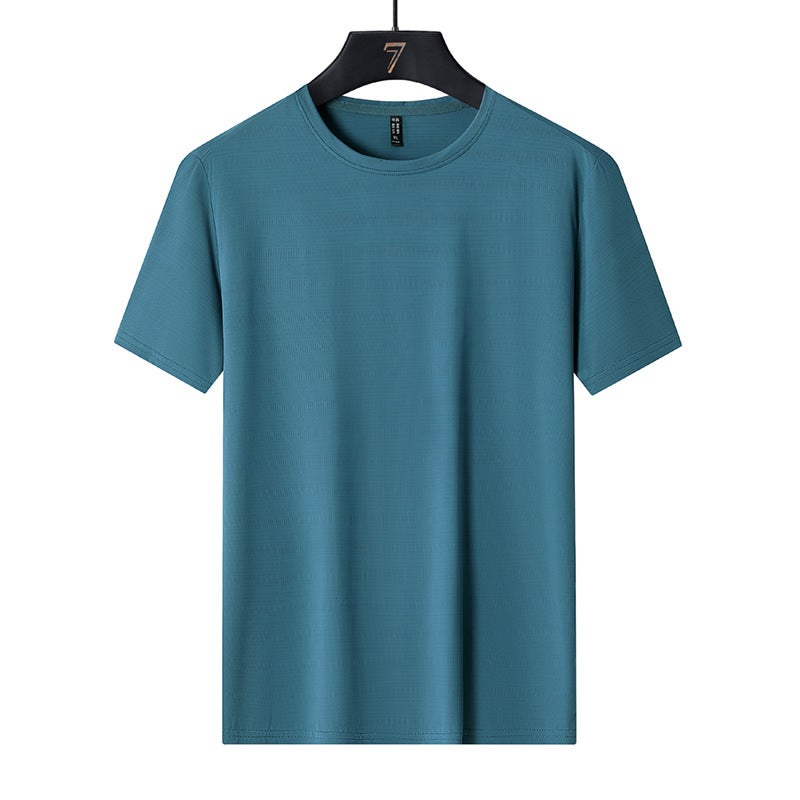 Style Ice Silk Mesh Elastic Breathable Hole Round Neck Large Size Couple Outdoor Short-Sleeved Breathable Elastic Solid Goods - Image 1