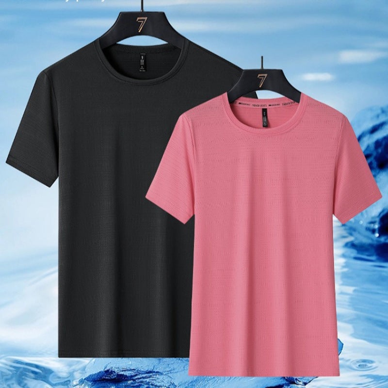 Style Ice Silk Mesh Elastic Breathable Hole Round Neck Large Size Couple Outdoor Short-Sleeved Breathable Elastic Solid Goods - Image 3