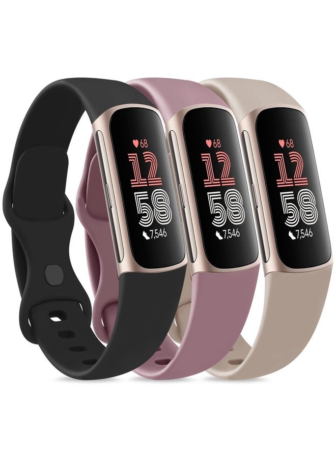 مجموعة من 3 أساور لساعات Fitbit Charge 6 / Charge 5، مناسبة للرجال والنساء، مصنوعة من السيليكون الناعم المقاوم للماء، قابلة للتعديل، بديلة لأحزمة المعصم الرياضية لساعات Fitbit Charge 5 / Charge 6 لتتبع اللياقة البدنية (أسود + بنفسجي دخاني + شاي حليبي، صغير) - Image 1