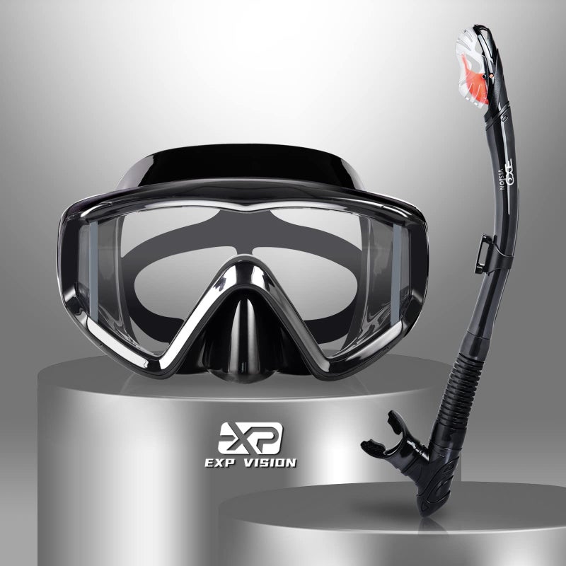 EXP VISION Snorkel Set Pano 3 Window Adult Snorkeling Gear, Professional Anti-Fog Snorkel Diving Mask, Anti-Leak Swim Goggles and Dry Top Snorkel for Scuba Diving, Snorkeling, Swimming (Black) - Image 1