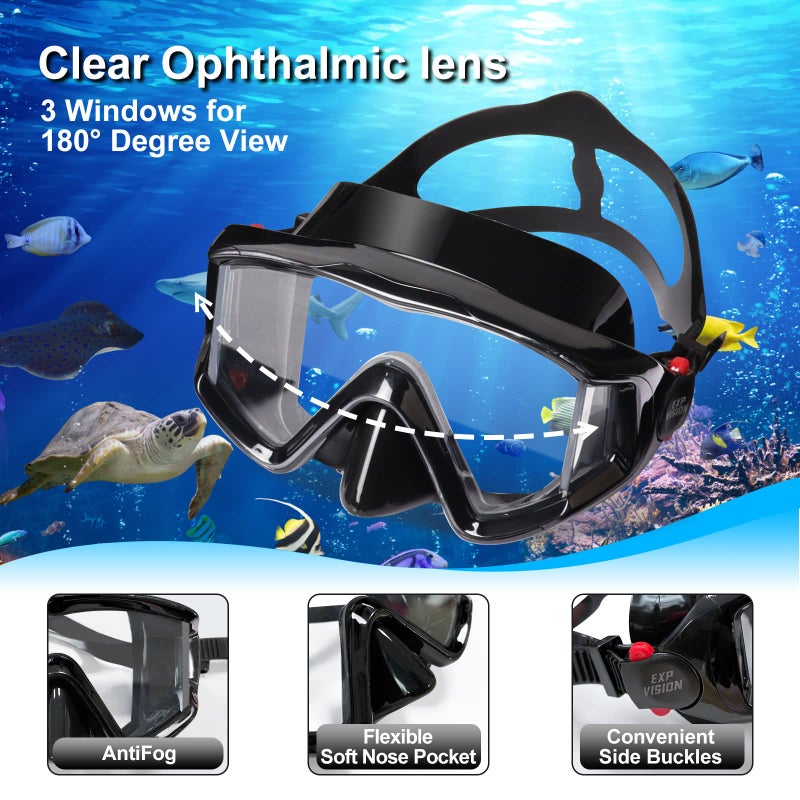 EXP VISION Snorkel Set Pano 3 Window Adult Snorkeling Gear, Professional Anti-Fog Snorkel Diving Mask, Anti-Leak Swim Goggles and Dry Top Snorkel for Scuba Diving, Snorkeling, Swimming (Black) - Image 2