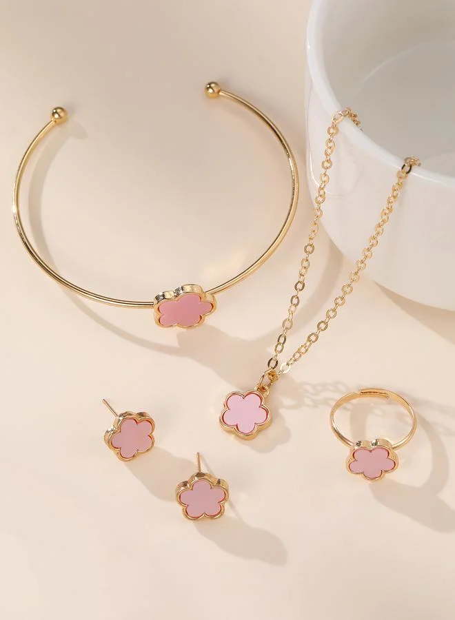 Girls Light Pink Flower Charm Necklace, Bracelet, Ring and Earrings Set