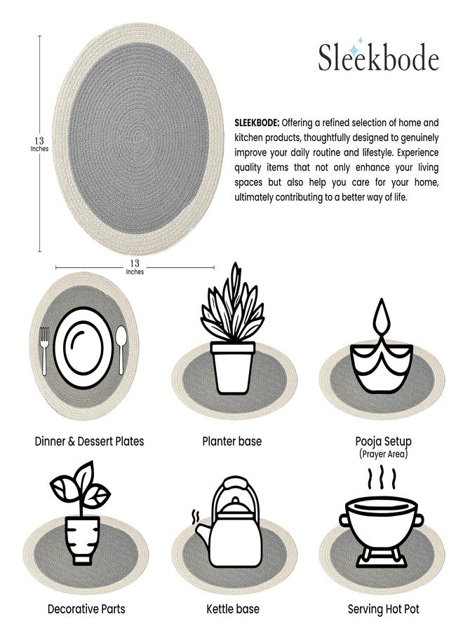 SLEEKBODE Cotton Braided Placemat for Dining Table | Cotton Table Placemat Set | Side Table Mats | Center Table Mat | Round Shape Placemat (Grey & Off-White, 13 X 13 Inch (33 CM) (Pack of 2)) - Image 3