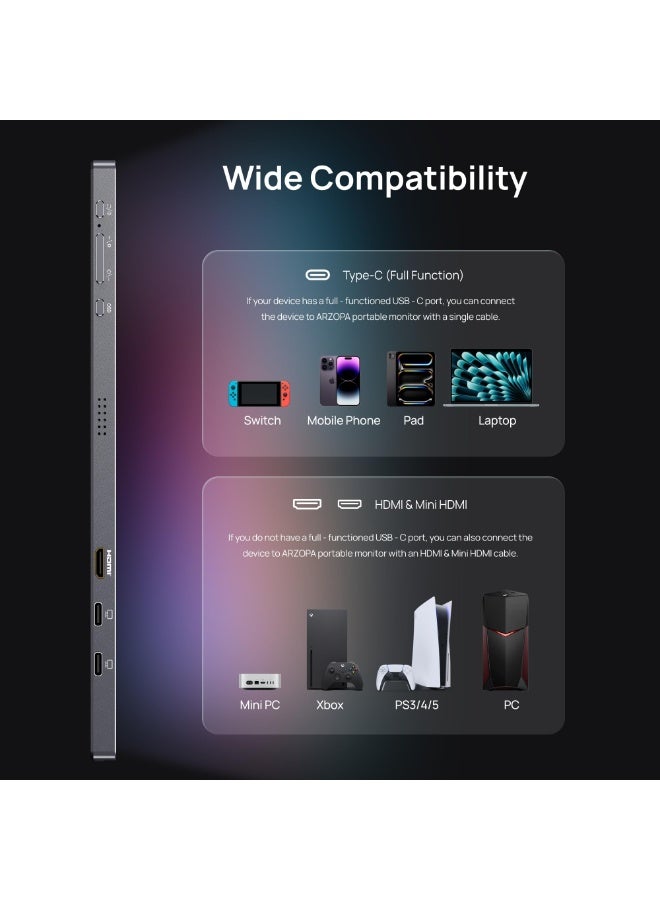 ARZOPA 16.1'' 180Hz 2.5K Portable Gaming Monitor 107% sRGB 1080P FHD Kickstand Portable Monitor with HDR Ultra Slim Eye Care External Second Screen for Laptop PC PS5 Mac Xbox - Image 4