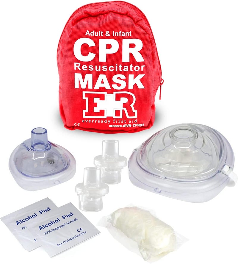 Ever Ready First Aid Adult and Infant CPR Mask Combo Kit – Includes 2 CPR Masks with One-Way Valves, Pair of Vinyl Gloves, 2 Alcohol Prep Pads – Portable Emergency CPR Kit – Red - Image 1