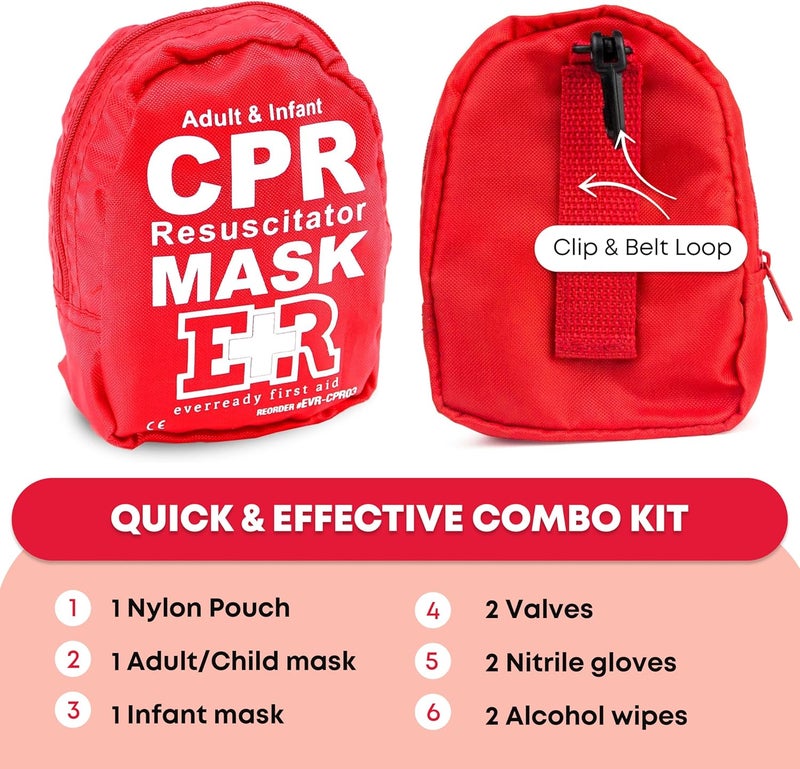 Ever Ready First Aid Adult and Infant CPR Mask Combo Kit – Includes 2 CPR Masks with One-Way Valves, Pair of Vinyl Gloves, 2 Alcohol Prep Pads – Portable Emergency CPR Kit – Red - Image 3