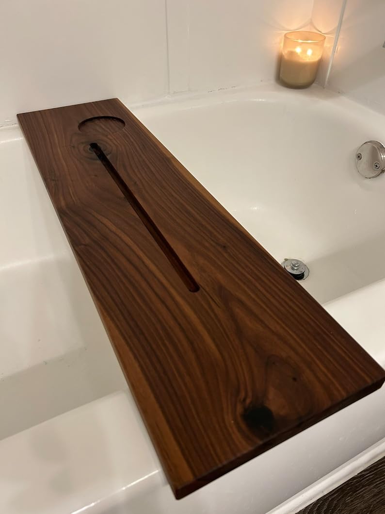 RuPS Solid Wood Premiume Bath Caddy, Modern Walnut Bathtub Tray with Cup and Mobile/Tablet Holder. (Small- 24" x 7") - Image 3
