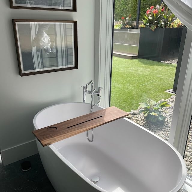 RuPS Solid Wood Premiume Bath Caddy, Modern Walnut Bathtub Tray with Cup and Mobile/Tablet Holder. (Small- 24" x 7") - Image 1