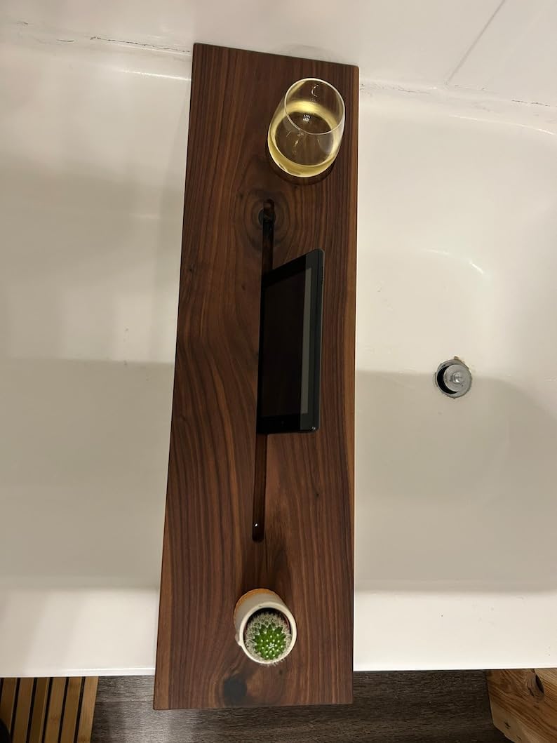 RuPS Solid Wood Premiume Bath Caddy, Modern Walnut Bathtub Tray with Cup and Mobile/Tablet Holder. (Small- 24" x 7") - Image 5