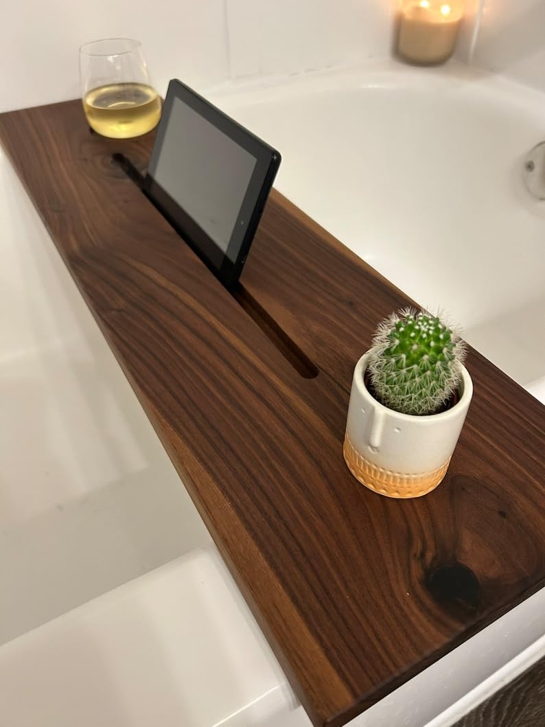RuPS Solid Wood Premiume Bath Caddy, Modern Walnut Bathtub Tray with Cup and Mobile/Tablet Holder. (Small- 24" x 7") - Image 2