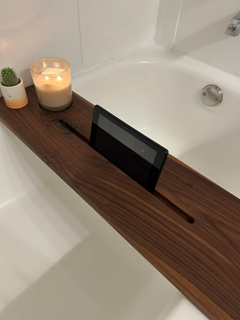 RuPS Solid Wood Premiume Bath Caddy, Modern Walnut Bathtub Tray with Cup and Mobile/Tablet Holder. (Small- 24" x 7") - Image 4