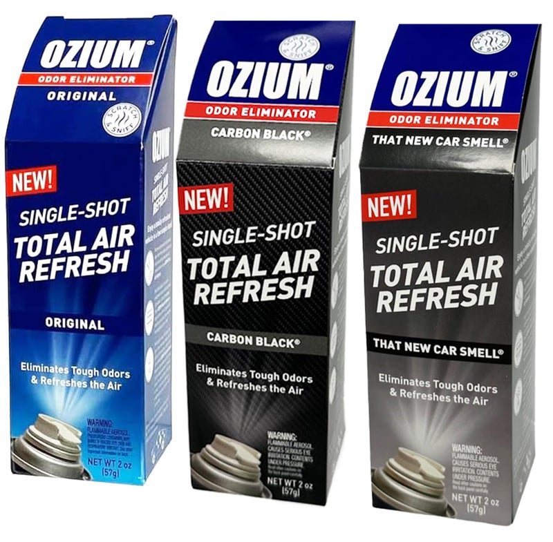 Ozium Air Sanitizer, 2 oz Car Fogger: Single-Shot Smoke Odor Eliminator & Car Air Freshener (Original+That New Car Smell+Carbon Black, 3 Packs Combo) - Image 3