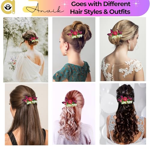 ANVIK Rose and Butterfly Fancy Hair Clip/Side Pin/Comb Pin/Juda Pin/Crystal Bun Pin For Women And Girls Bride Hair Styling Wedding Hair Accessories For Women Flower Hair Accessory For Women (Pink) - Image 4