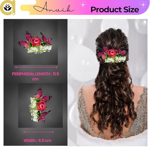 ANVIK Rose and Butterfly Fancy Hair Clip/Side Pin/Comb Pin/Juda Pin/Crystal Bun Pin For Women And Girls Bride Hair Styling Wedding Hair Accessories For Women Flower Hair Accessory For Women (Pink) - Image 3
