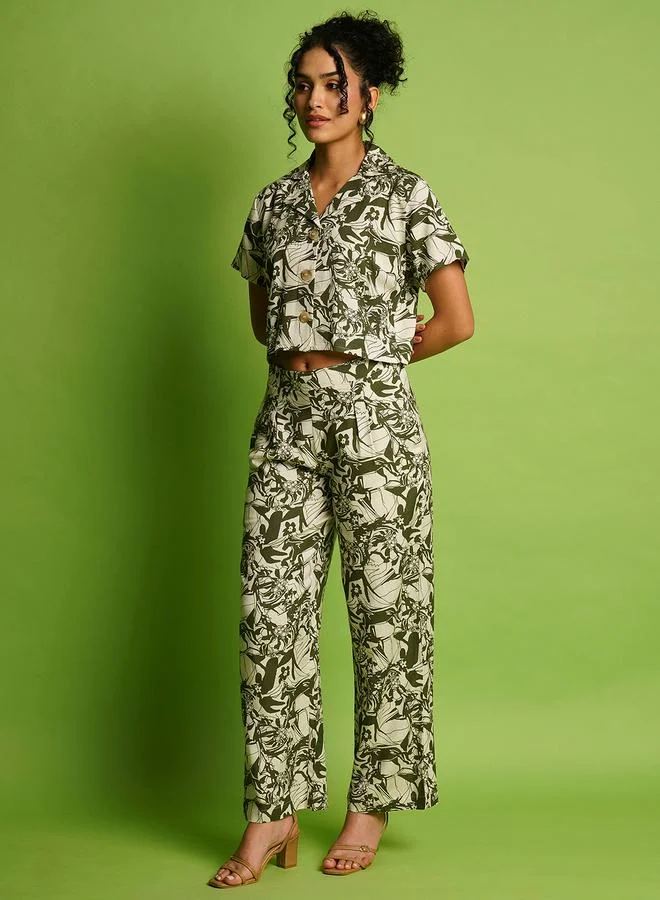 globus Globus Green Lapel Collar Crop Shirt and Trousers Co-Ords
