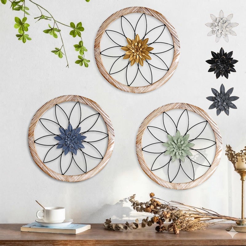 Paquesta 3 Piece Round Farmhouse Wall Decor with 6 Piece Interchangeable Flowers 15.75'' Medallion Wood & Metal Rustic Wall Art for Living Room Bedroom Kitchen Bathroom Dining Room Home Decorations (large black wheel) - Image 1
