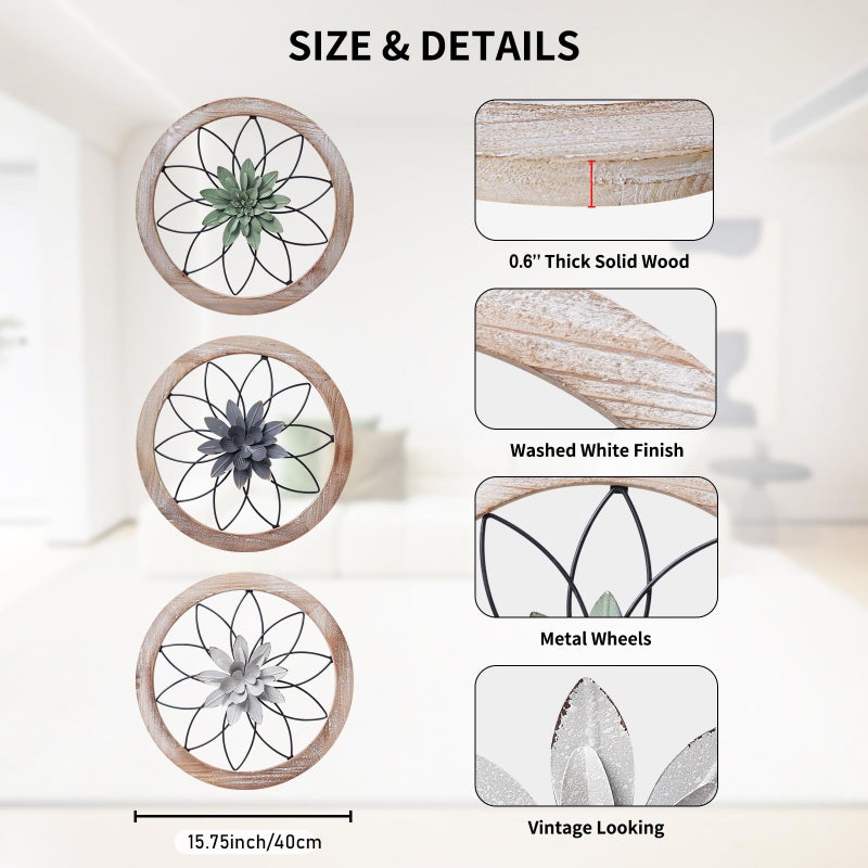Paquesta 3 Piece Round Farmhouse Wall Decor with 6 Piece Interchangeable Flowers 15.75'' Medallion Wood & Metal Rustic Wall Art for Living Room Bedroom Kitchen Bathroom Dining Room Home Decorations (large black wheel) - Image 2