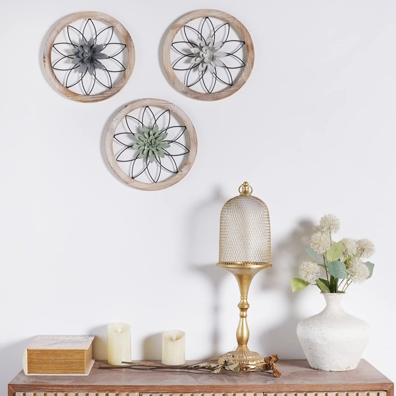 Paquesta 3 Piece Round Farmhouse Wall Decor with 6 Piece Interchangeable Flowers 15.75'' Medallion Wood & Metal Rustic Wall Art for Living Room Bedroom Kitchen Bathroom Dining Room Home Decorations (large black wheel) - Image 4