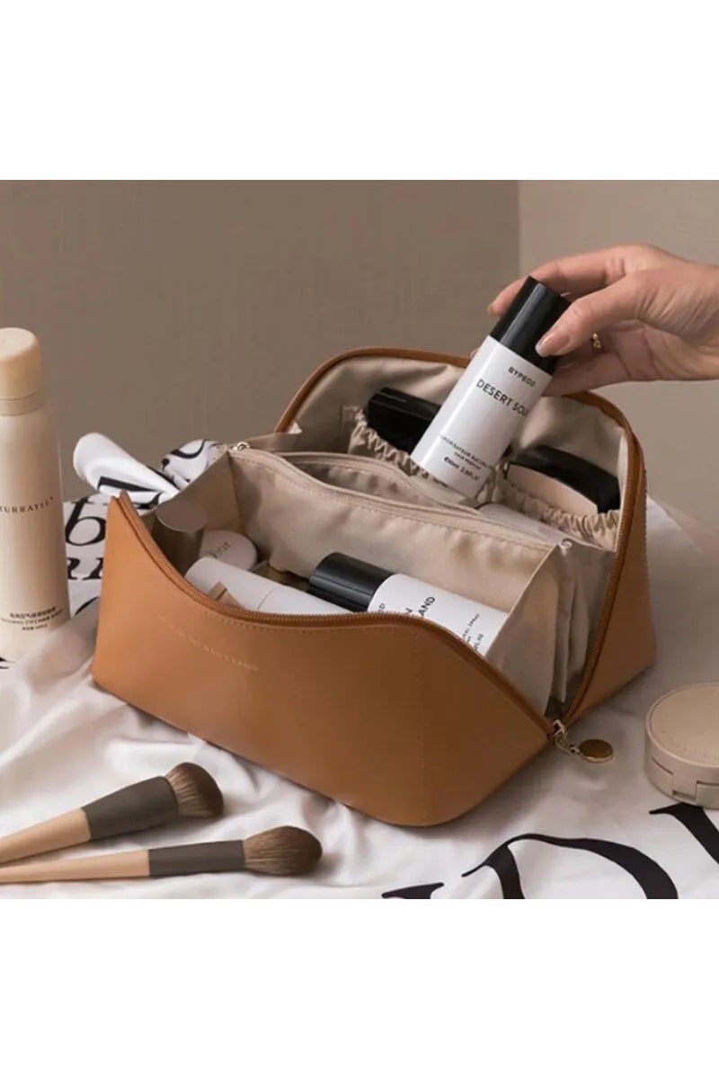 إيروريكس حقيبة مستحضرات تجميل أنيقة وعملية من الجلد الصناعي البني، ذات سعة كبيرة، مناسبة للسفر، مقاومة للماء، للنساء