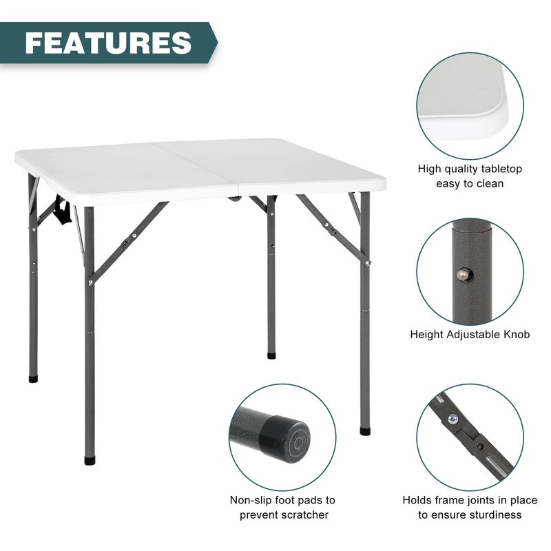 FDW 34" Square Outdoor Dining Table, Foldable Portable Plastic Folding Card Table with Built in Carrying Handle and Height Adjustable for Party and Wedding Use, White - Image 3
