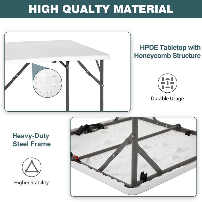 FDW 34" Square Outdoor Dining Table, Foldable Portable Plastic Folding Card Table with Built in Carrying Handle and Height Adjustable for Party and Wedding Use, White - Image 4
