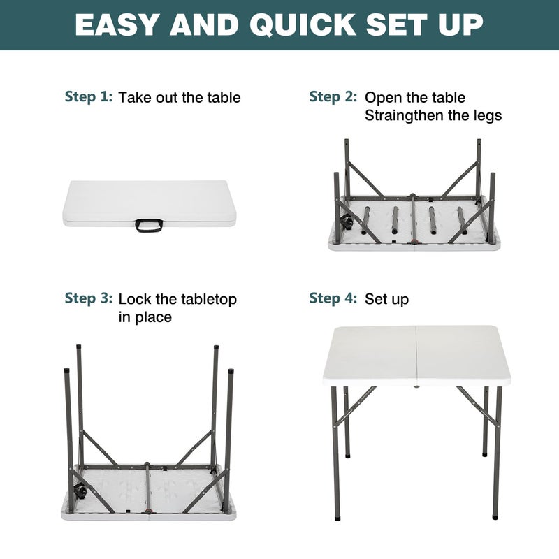 FDW 34" Square Outdoor Dining Table, Foldable Portable Plastic Folding Card Table with Built in Carrying Handle and Height Adjustable for Party and Wedding Use, White - Image 5