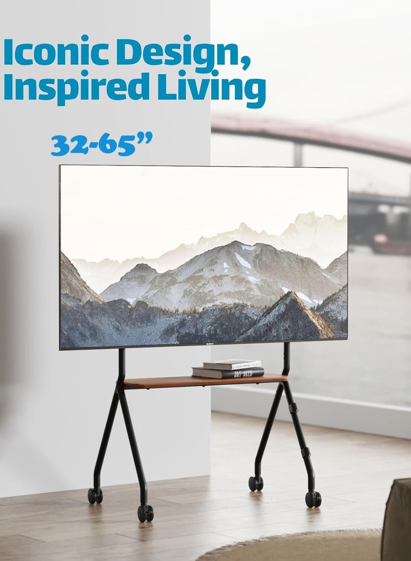 أولد فيلير حامل تلفزيون متحرك فني لشاشات LCD وLED وOLED من 32 إلى 65 بوصة، حامل تلفزيون محمول بعجلات، عربة تلفزيون متنقلة قابلة لتعديل الارتفاع مع رف وسائط خشبي، حامل تلفزيون محمول متين، أسود - Image 1