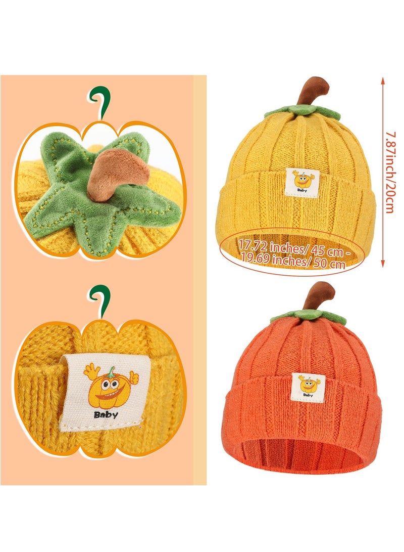 KASTWAVE 2 Pcs Baby Pumpkin Hat Infant Kids Pumpkin Beanie Winter Cute Knitted Hat Newborn Beanie Baby Winter Hat Soft Boys Girls Pumpkin Cap for Toddler Autumn Thanksgiving Orange, Yellow  - Image 2