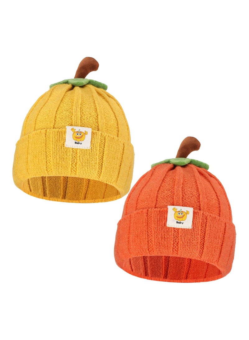 KASTWAVE 2 Pcs Baby Pumpkin Hat Infant Kids Pumpkin Beanie Winter Cute Knitted Hat Newborn Beanie Baby Winter Hat Soft Boys Girls Pumpkin Cap for Toddler Autumn Thanksgiving Orange, Yellow  - Image 1